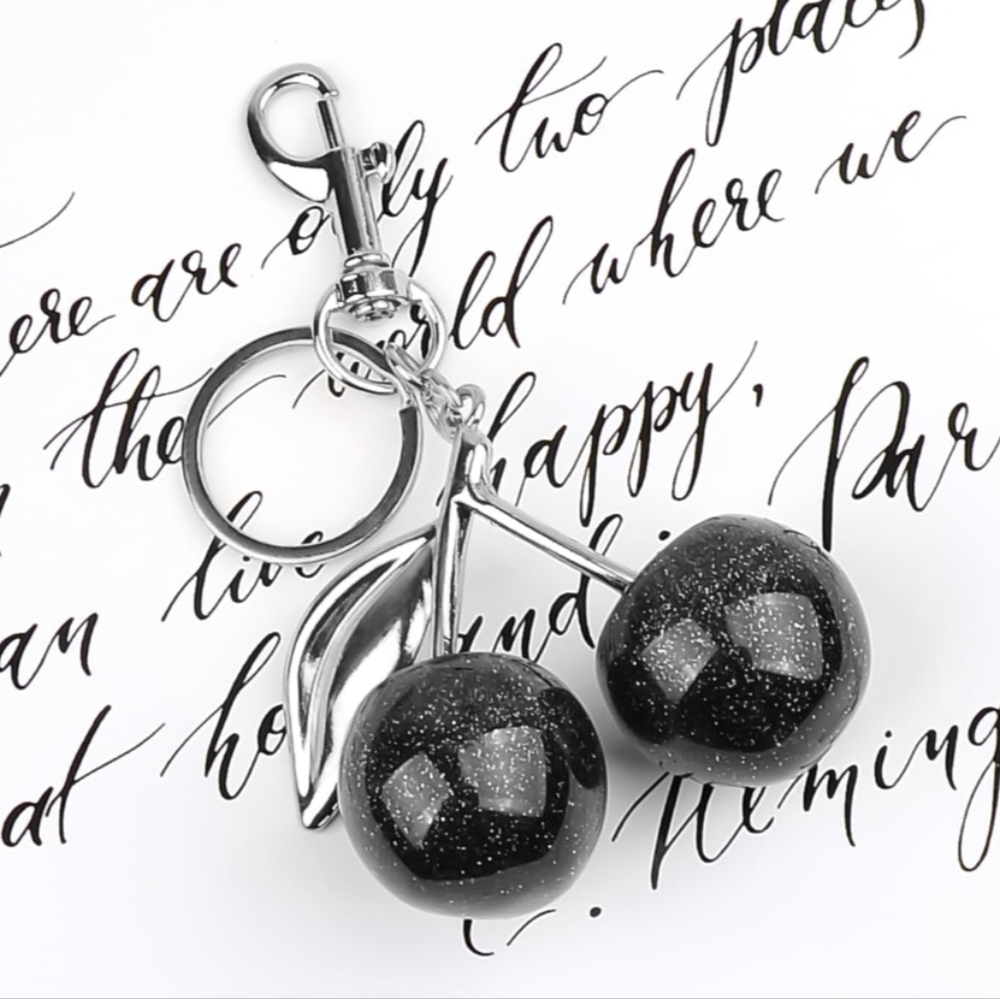 Glitter Cherries Large Black Silver Bag Charm Keychain Ring Pendant